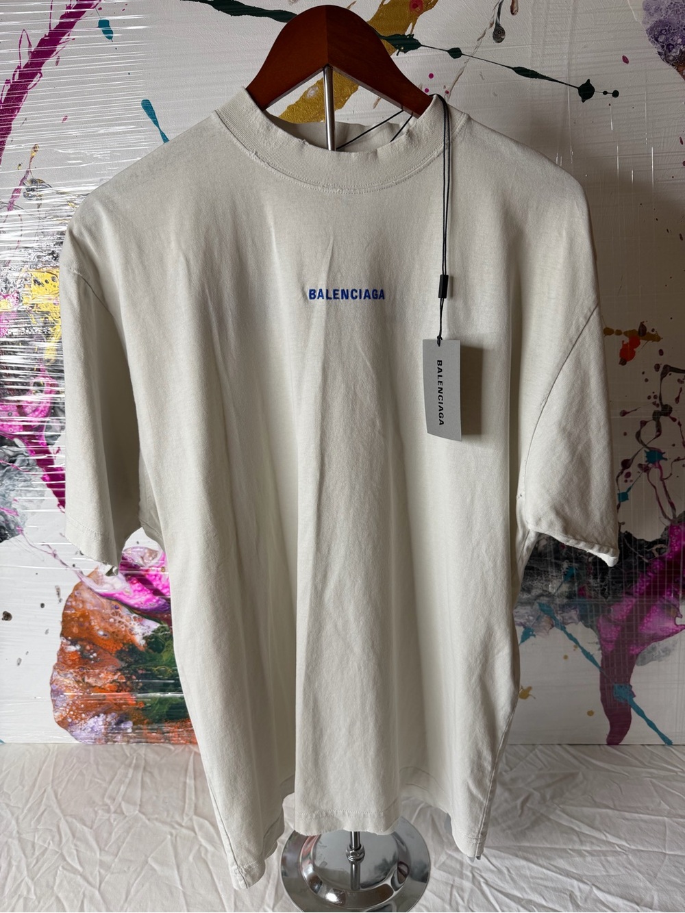 Balenciaga Men's Cream Crew Neck T-Shirt with Blue Logo